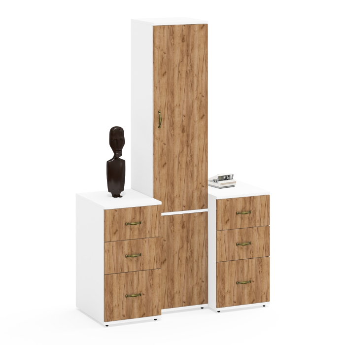 Домашние кабинеты, Узкий шкаф для одежды Лидер-8 МД 21Б и две тумбочки по три выдвижных ящика каждая