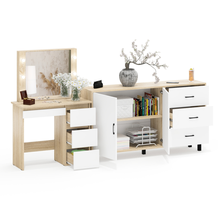 С зеркалом, Косметический столик Сура с зеркалом и подсветкой и с тумбой-комодом 123-1604