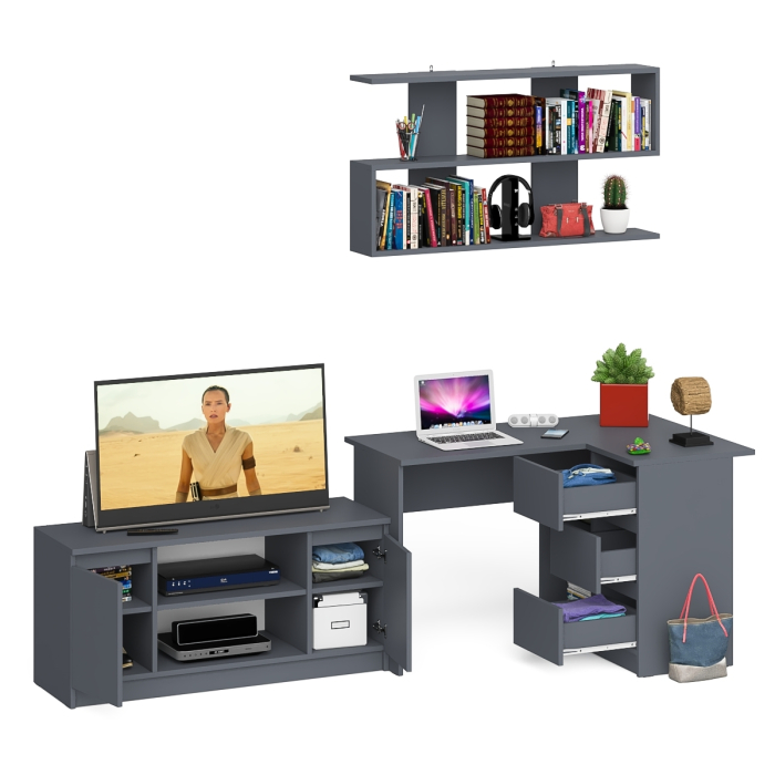 Домашние кабинеты, Стол угловой компьютерный Мори МС-16 правый с книжной полкой и ТВ-тумбой МТВ1200.1