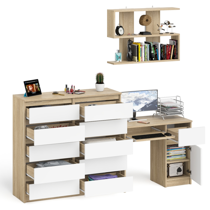 Домашние кабинеты, Стол компьютерный Мори МС-1 правый с комодом на 10-ть ящиков и навесной полкой 900