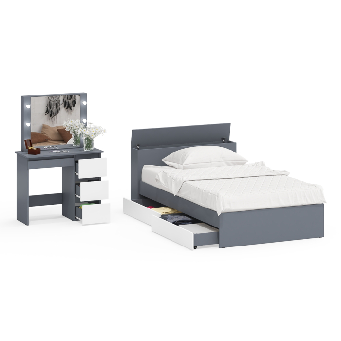 Спальные гарнитуры, Кровать с ящиками полутораспальная Ксения 1200 и туалетный столик с подсветкой Сура