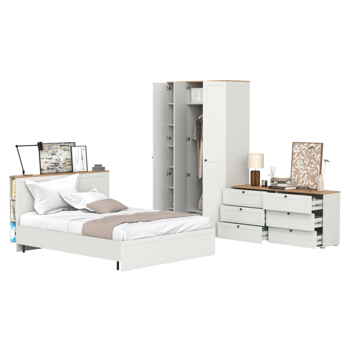 Спальные гарнитуры, Шкаф для одежды трёхдверный с зеркалом Остин с кроватью с основанием и комода на 6-ть ящиков