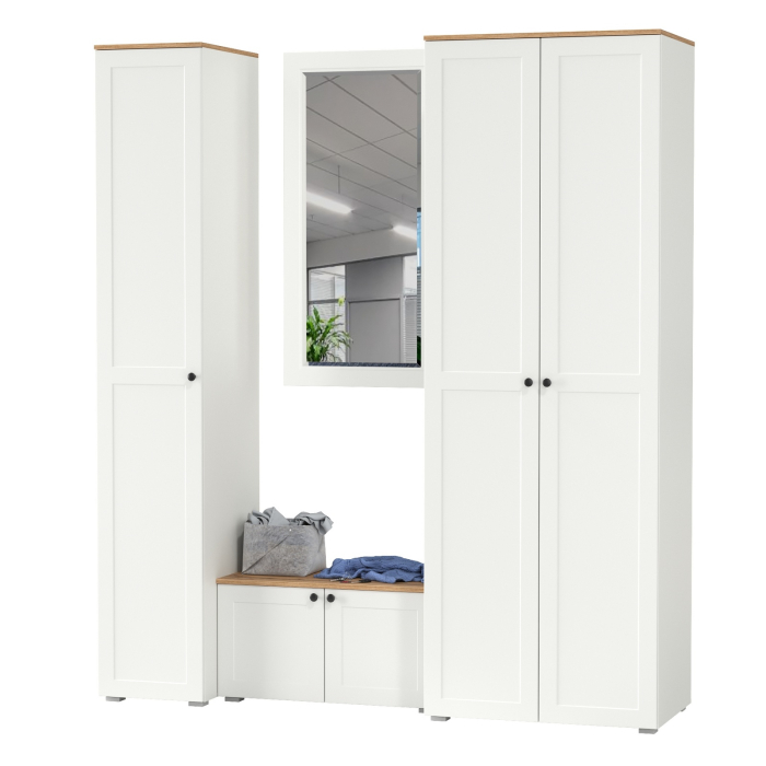 Прихожие, Шкаф 2-х дверный с тумбой и зеркалом и пеналом для прихожей Остин