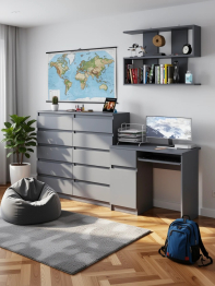 Комод 10-ть ящиков Мори МК1200.10 с компьютерным столом МС-1 левый и полкой