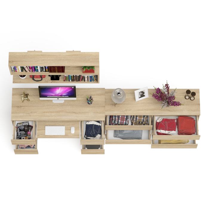 Домашние кабинеты, Стол компьютерный ящики слева и справа Мори МС-2 с комодом и полкой навесной