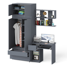 Стол однотумбовый Мори МС-1 левый с полкой навесной и комодом-шкафом с антресолью