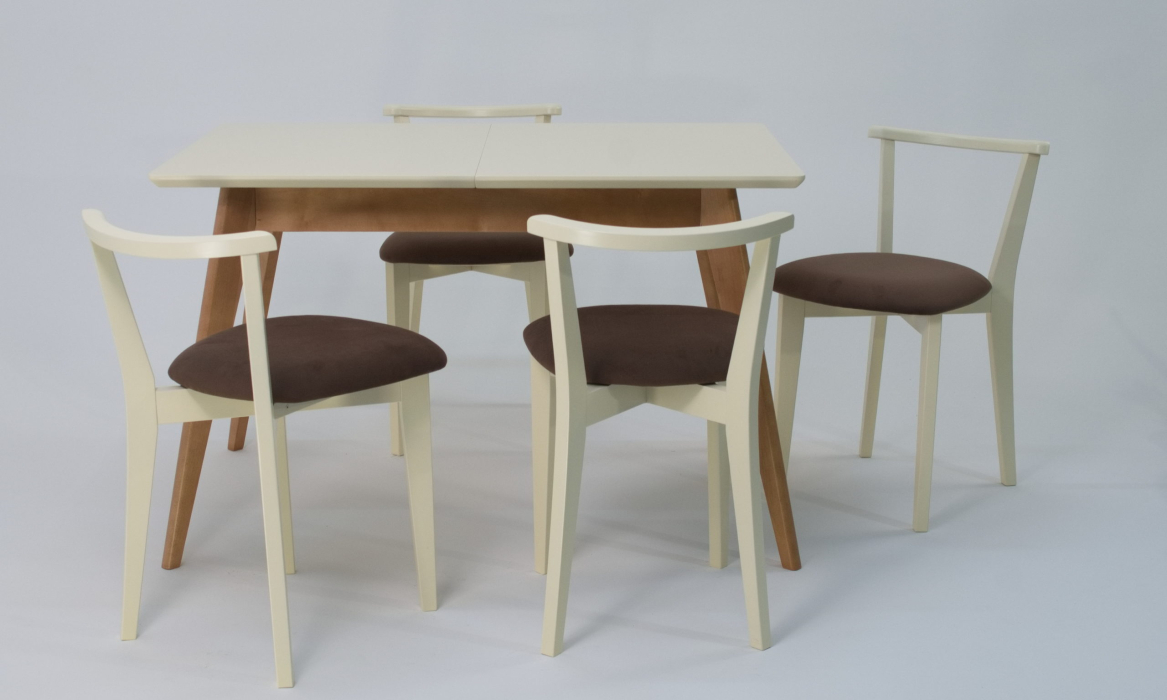 Обеденные группы, Стол Сканди 120 натур/слоновая кость со стульями Франк слоновая кость велюр коричневый