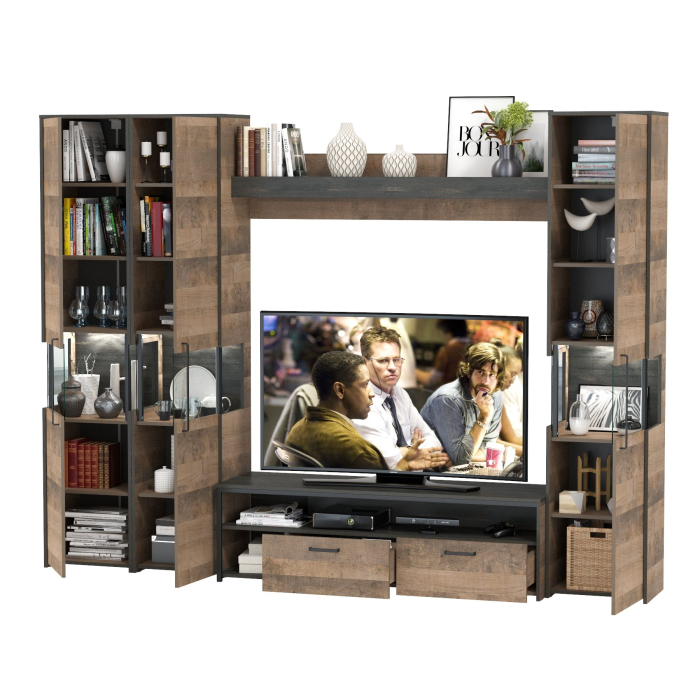 Стенки для гостиной, Три пенала-витрины в стиле лофт с подсветкой и тумба под ТВ Трувор