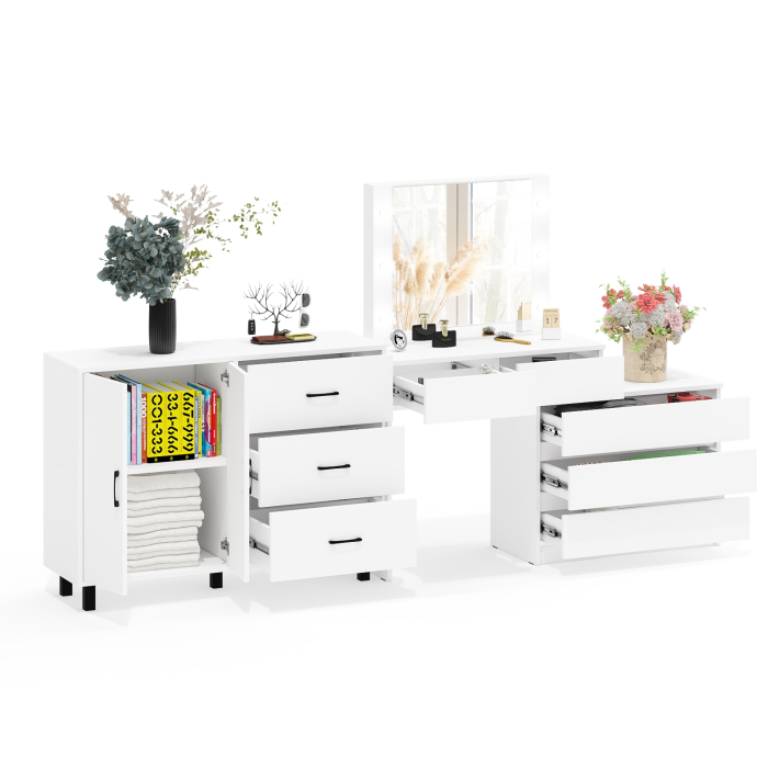 С зеркалом, Стол косметический с подсветкой 110 и тумба-комод с тремя ящиками и дверками 123-1204