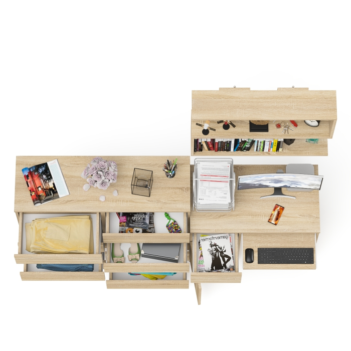 Прямые компьютерные столы, Комод на восемь ящиков МК1200.8 Мори с компьютерным столом МС-1 левый и верхней полкой 900