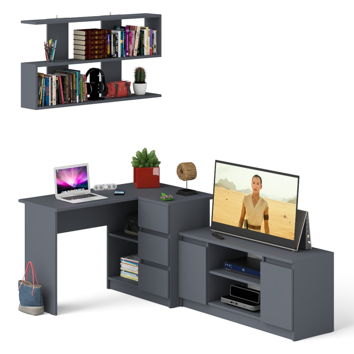 Домашние кабинеты, Стол угловой компьютерный Мори МС-16 правый с книжной полкой и ТВ-тумбой МТВ1200.1