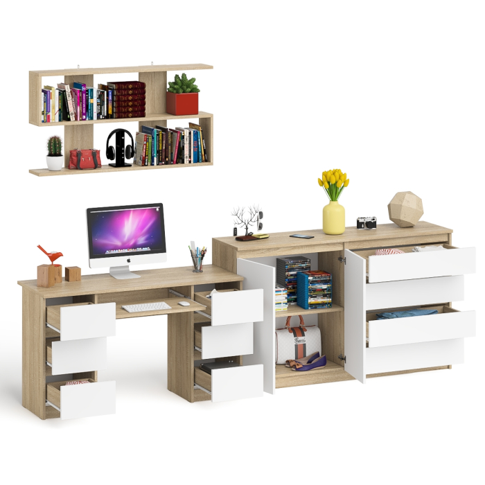 Домашние кабинеты, Стол для работы Мори МС-2 с книжной полкой на 1200 и комодом-тумбой МК1600.1