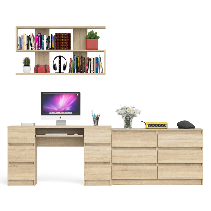 Домашние кабинеты, Широкий комод Мори на шесть ящиков с двутумбовым столом МС-2 и открытой полкой