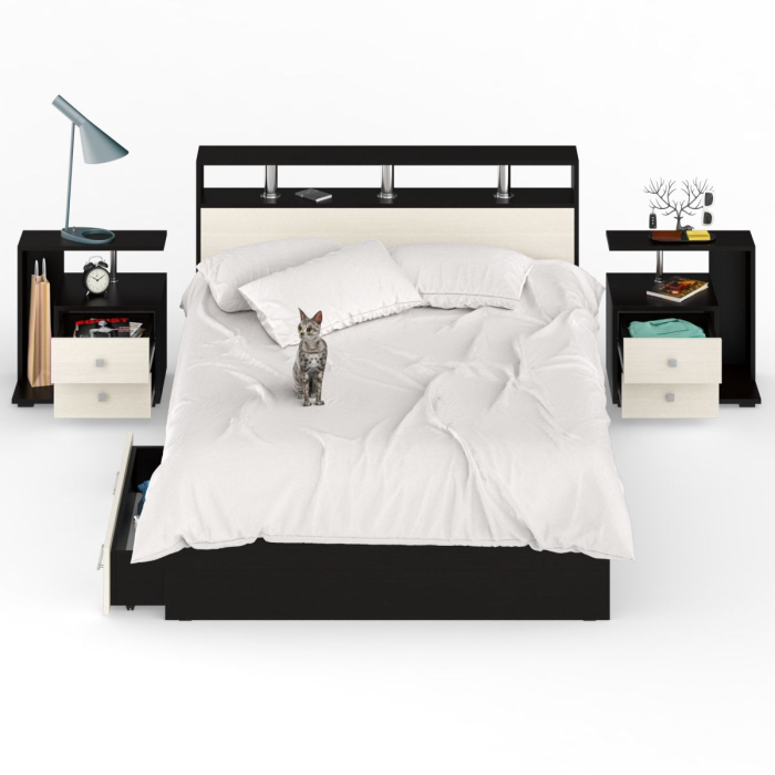 Спальные гарнитуры, Кровать с ящиками Камелия 1400 с двумя прикроватными тумбами