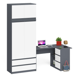 Угловой компьютерный стол - тумба справа со шкафом-комодом и антресолью Мори