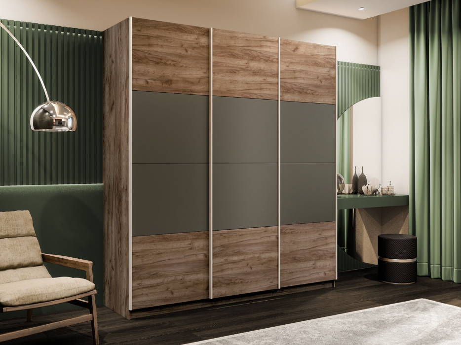 Шкафы-купе 3-х дверные, Шкаф-купе Эста 3-х дверный ДСП/Стекла хаки/Доводчик 270х66х240