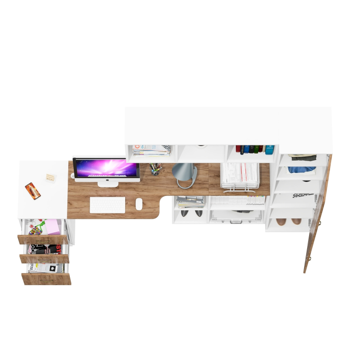 Домашние кабинеты, Навесная книжная полка Лидер-8 с письменным столом с тумбочкой 3.16 и пеналом с полками