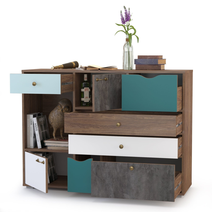 Комоды, Комод Вайс 10.104 морское дерево винтаж/камень тёмный/бензин/мята/белый премиум