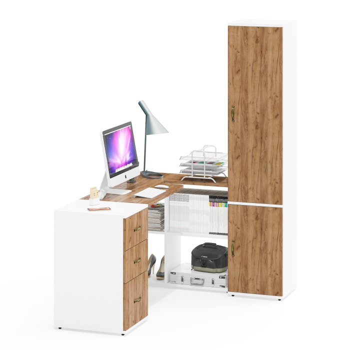 Домашние кабинеты, Тумбочка с выдвижными ящиками и письменный стол Лидер-8 с узким шкафом пять полок 22Б