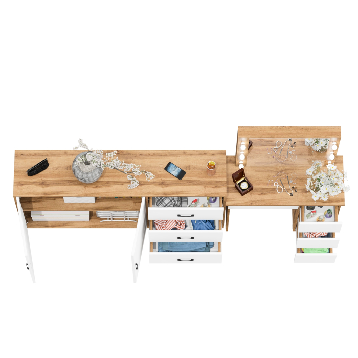 С зеркалом, Косметический столик Сура с зеркалом и подсветкой и с тумбой-комодом 123-1604