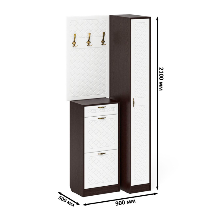 Прихожие, Высокая обувница с вешалкой с крючками и пеналом П-6-500 для прихожей фрезеровка ромб