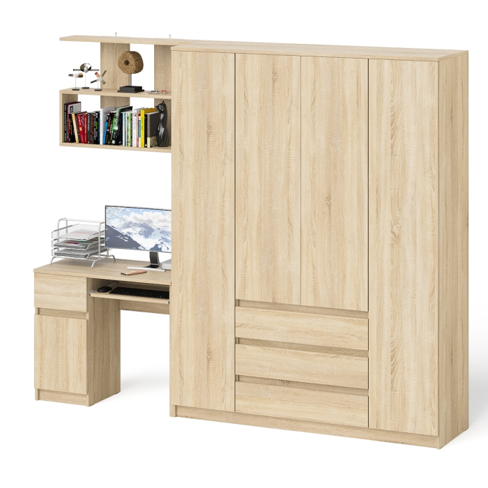 Домашние кабинеты, Четырёх-дверный шкаф-комод Мори МШ1600.1 с компьютерным столом МС-1 тумба слева и верхней полкой