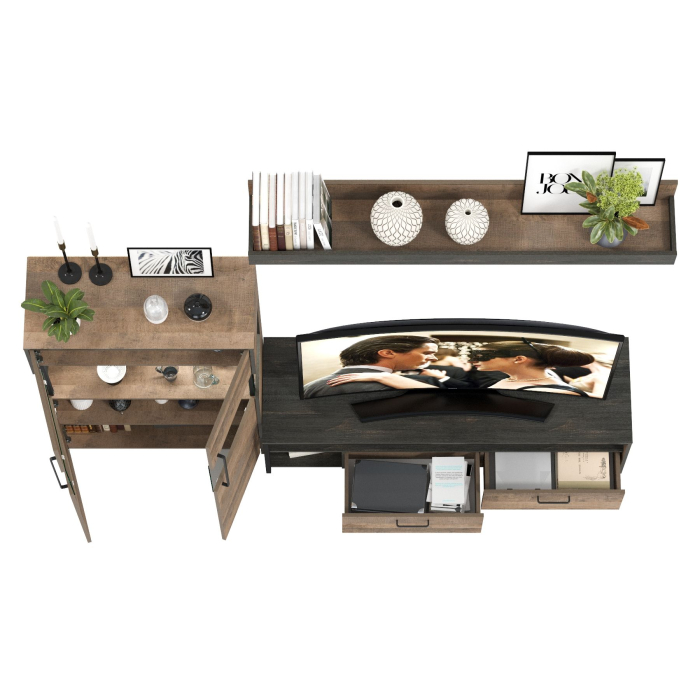 Стенки для гостиной, Тумба для техники и ТВ с навесной полкой и комод с витриной с подсветкой Трувор