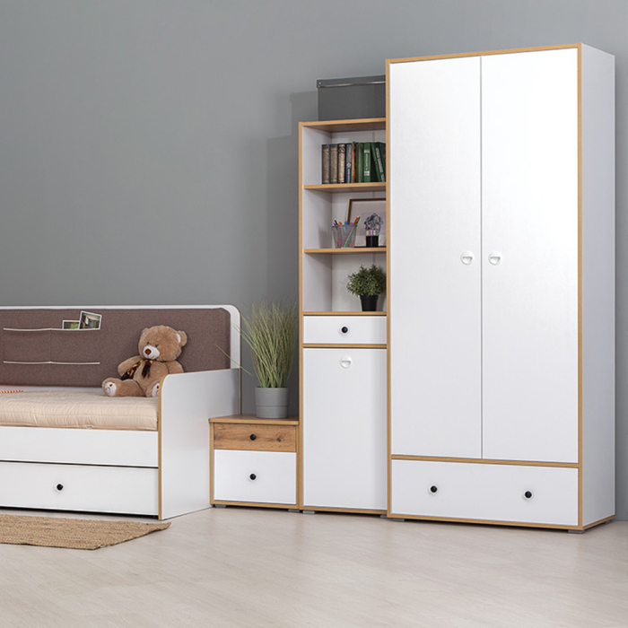 Для девочек, Вуди кровать, тумба, пенал и шкаф для одежды компоновка № 40