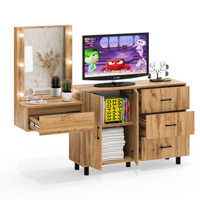 С зеркалом, Стол косметический навесной с подсветкой и тумба-комод 123-1204.