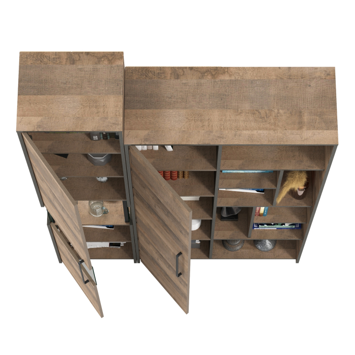 Стенки для гостиной, Шкаф-пенал с витриной с подсветкой и высокий шкаф-стеллаж Трувор