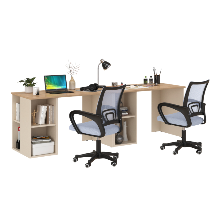 Прямые компьютерные столы, Набор для работы и учёбы из двух столов письменных Лайт 12.163 и двух серых кресел