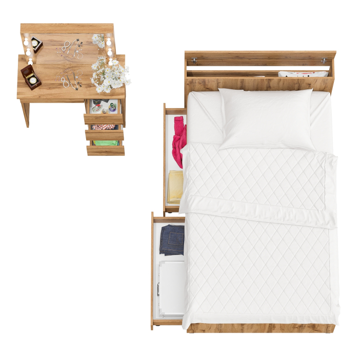 Спальные гарнитуры, Кровать с ящиками полутораспальная Ксения 1200 и туалетный столик с подсветкой Сура