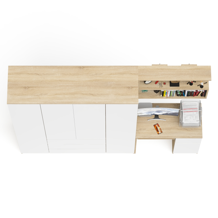Домашние кабинеты, Стол компьютерный с тумбой справа с большим шкафом Мори МШ1600.1 и полкой открытой