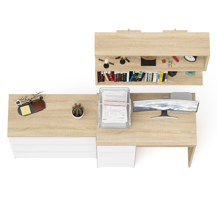 Прямые компьютерные столы, Однотумбовый стол компьютерный Мори МС-1 левый с комодом три ящика и навесной полкой 900