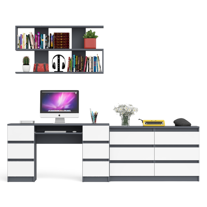 Домашние кабинеты, Широкий комод Мори на шесть ящиков с двутумбовым столом МС-2 и открытой полкой