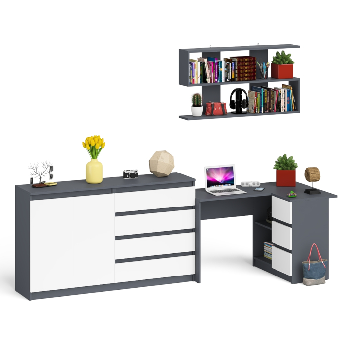 Домашние кабинеты, Тумба-комод МК1600.1 Мори с навесной книжной полкой и угловой компьютерный стол МС-16 правый