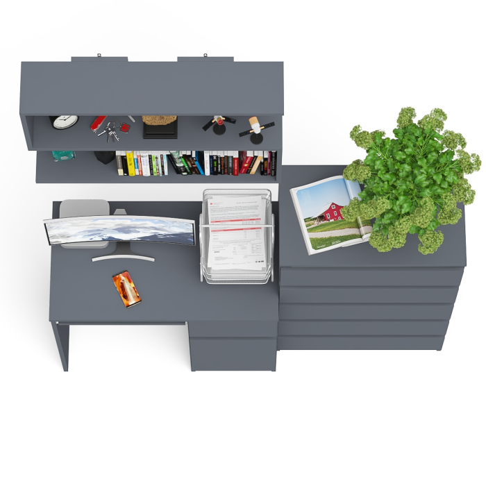 Домашние кабинеты, Стол компьютерный Мори МС-1 правый с высоким комодом на пять ящиков и навесной полкой