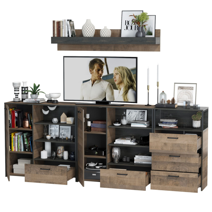 Стенки для гостиной, Два комода с дверкой и ящиком с навесной полкой и комодом с тремя ящикамиТрувор