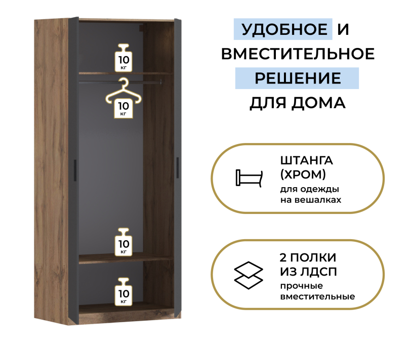 В спальню, Шкаф двухдверный Макс 1000 мм, вариант №1 (ЛДСП, корпус дуб вотан)