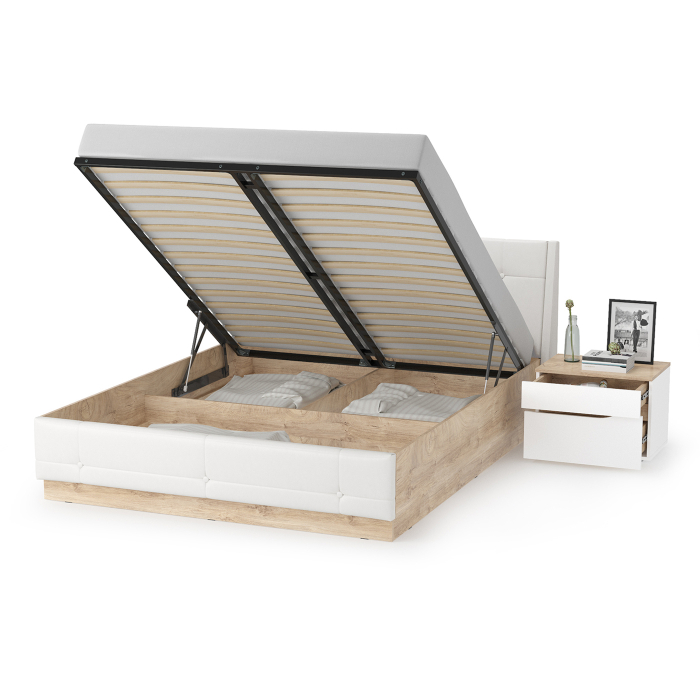 Спальные гарнитуры, Кровать Муссон с подъёмным основанием и тумбой белый/дуб эндгрейн/иск.кожа белая