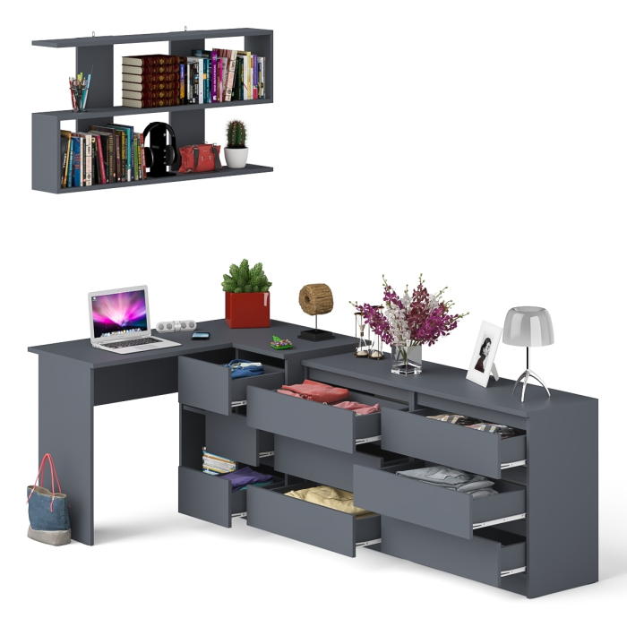 Домашние кабинеты, Комод широкий 6-ть ящиков Мори МК1380.6 с угловым компьютерным столом МС-16 правым и открытой книжной полкой