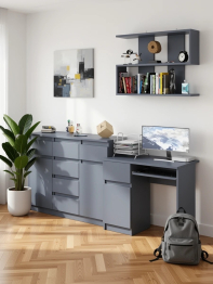 Навесная полка 900 Мори со столом компьютерным МС-1 левый и комодом МК1200.4