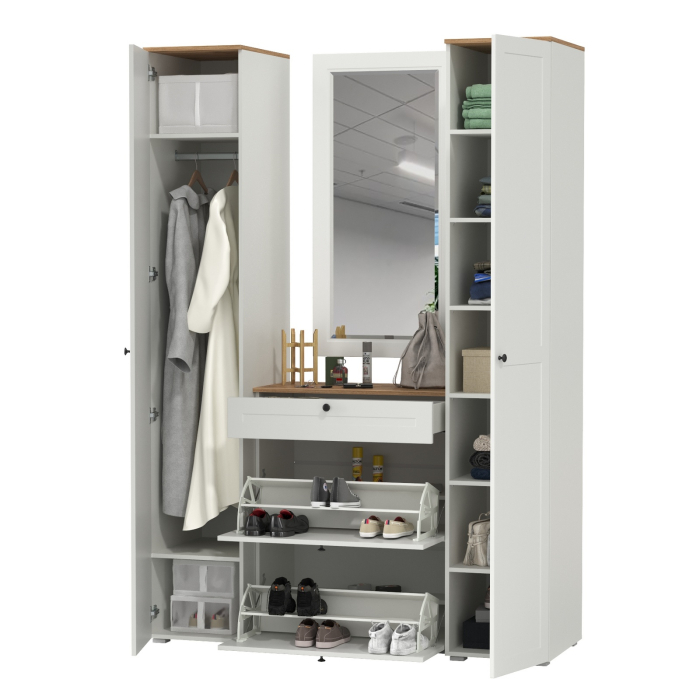 Прихожие, Тумба для обуви с зеркалом и два шкаф-пенала с полками Остин