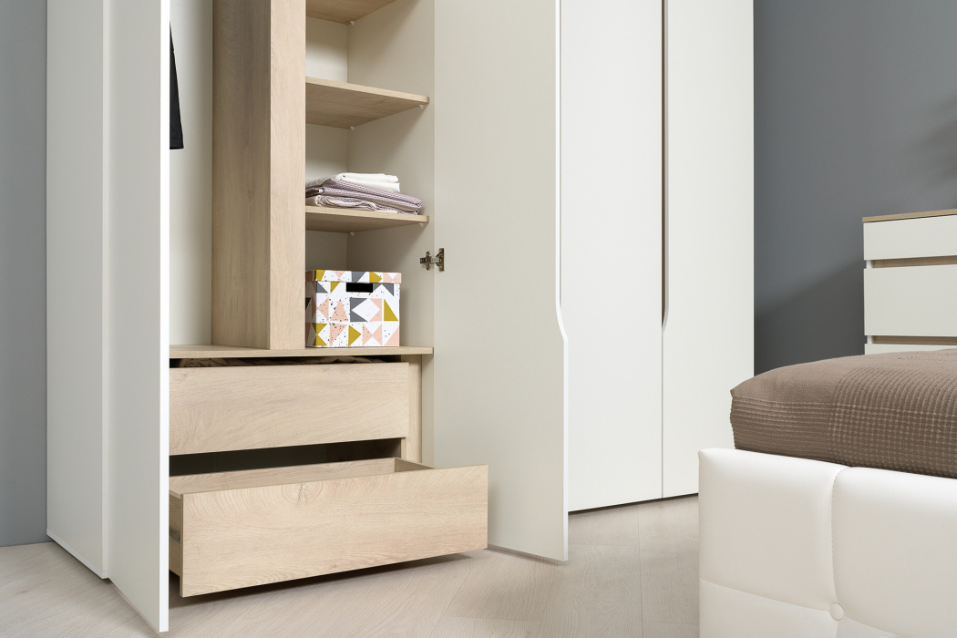 В гостиную, Шкаф двухстворчатый с комодом Муссон белый/дуб эндгрейн элегантный