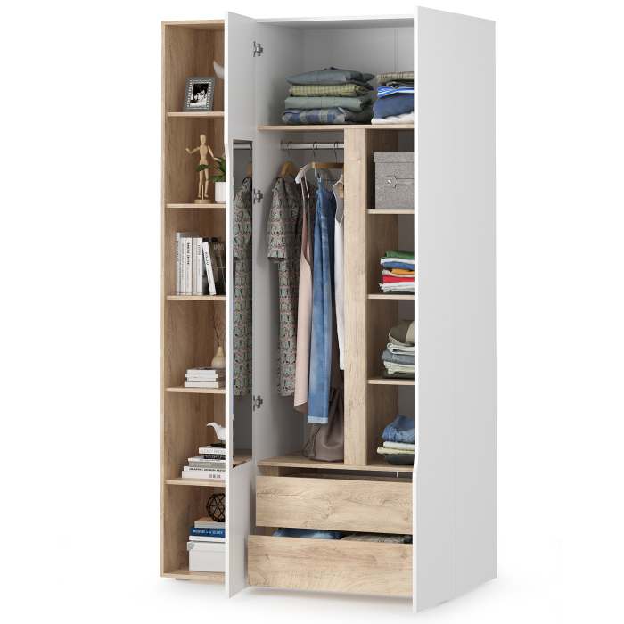 В гостиную, Шкаф двухстворчатый с открытым стеллажом Муссон белый/дуб эндгрейн