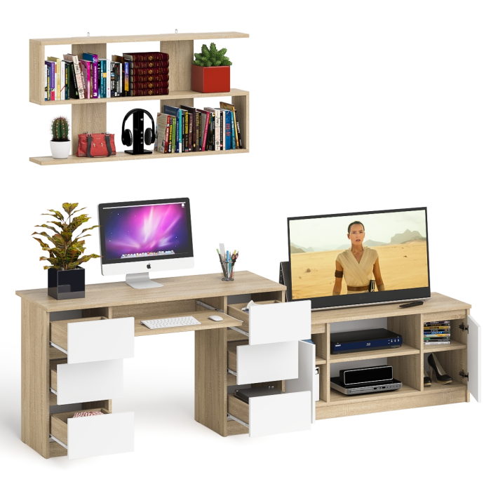 Домашние кабинеты, Письменный стол Мори МС-2 с ТВ-тумбой 1200 и навесной полкой 1200