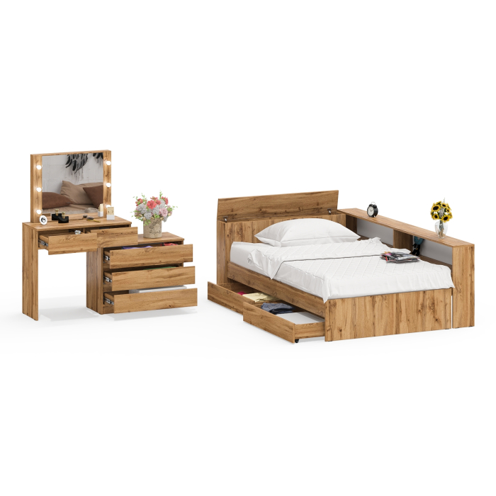 Спальные гарнитуры, Туалетный столик для спальни с подсветкой 110 и Ксения кровать 1200 с ящиками и прикроватный блок