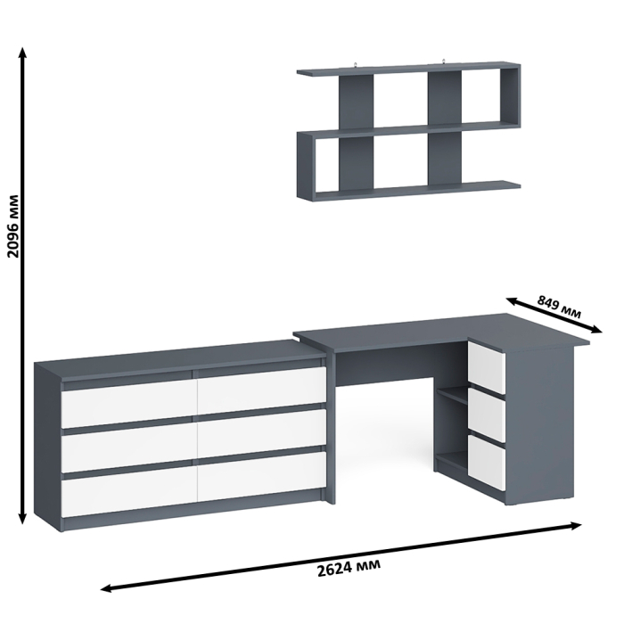 Домашние кабинеты, Комод широкий 6-ть ящиков Мори МК1380.6 с угловым компьютерным столом МС-16 правым и открытой книжной полкой