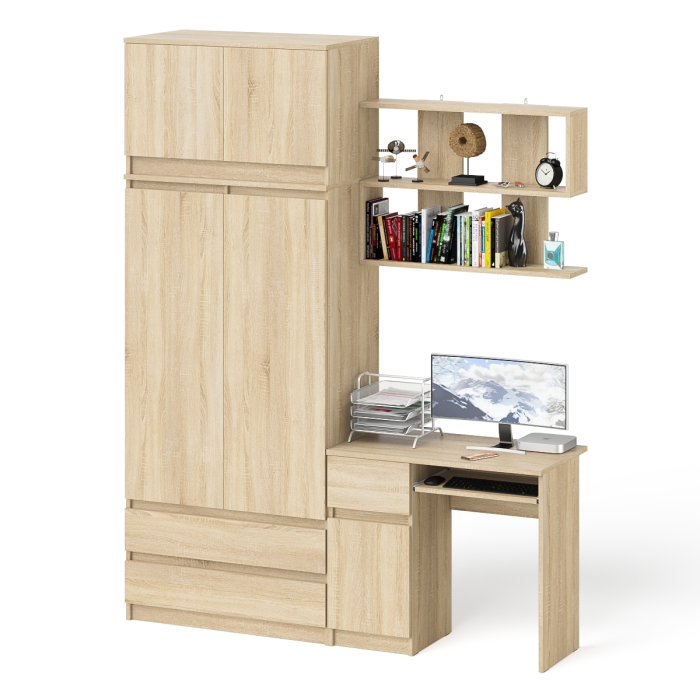 Домашние кабинеты, Стол однотумбовый Мори МС-1 левый с полкой навесной и комодом-шкафом с антресолью