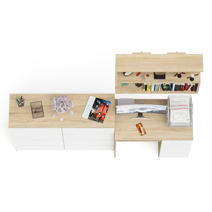 Домашние кабинеты, Большой комод на восемь выдвижных ящиков со столом МС-1 правый и полкой Мори 900